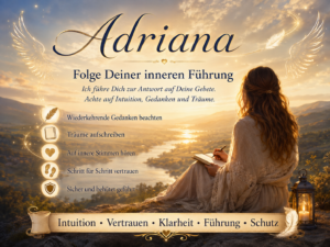 Eine Frau schreibt bei Sonnenuntergang in ein Notizbuch; darüber stehen „Adriana“ und „Folge Deiner inneren Führung“.