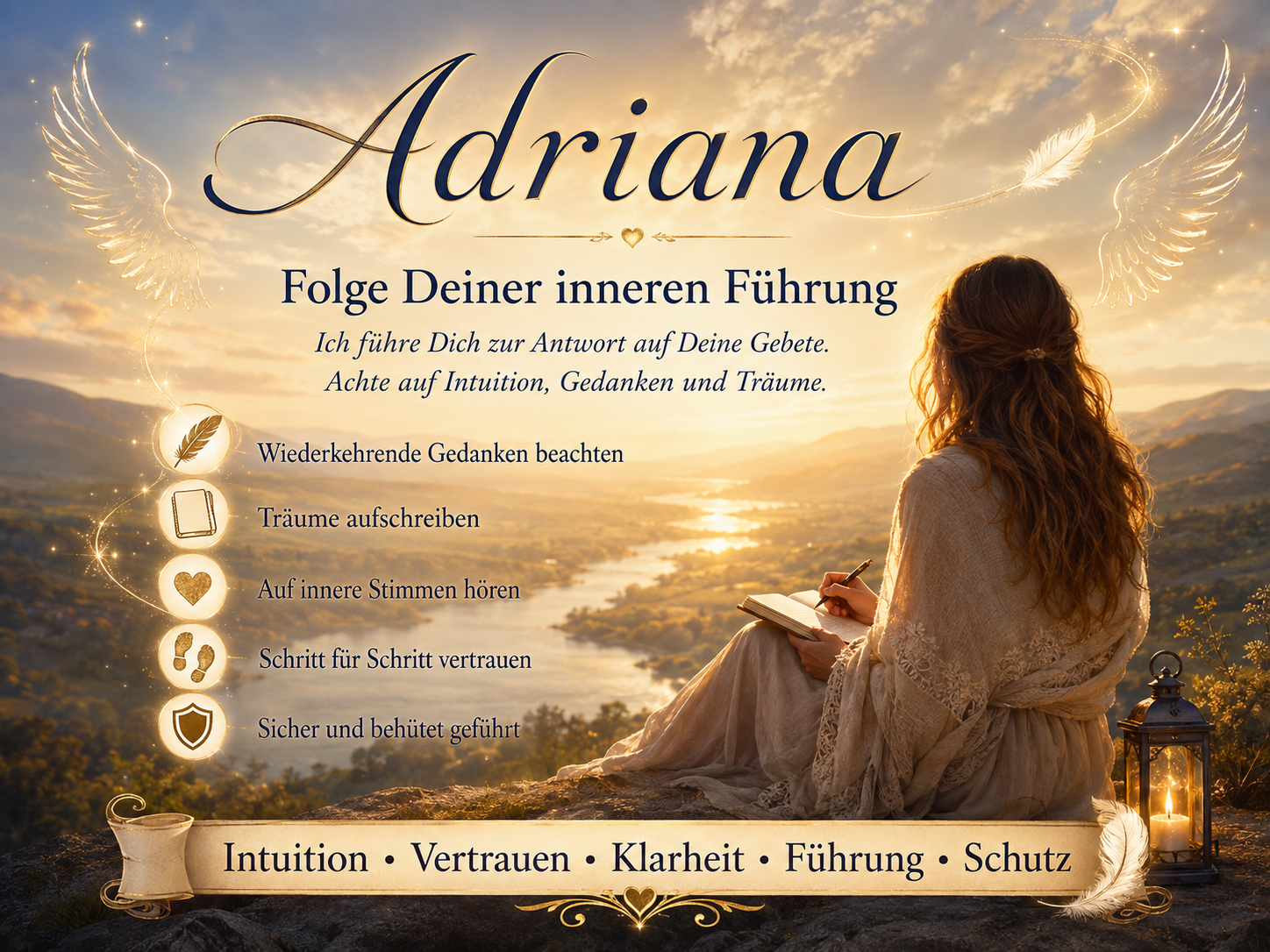 Eine Frau schreibt bei Sonnenuntergang in ein Notizbuch; darüber stehen „Adriana“ und „Folge Deiner inneren Führung“.