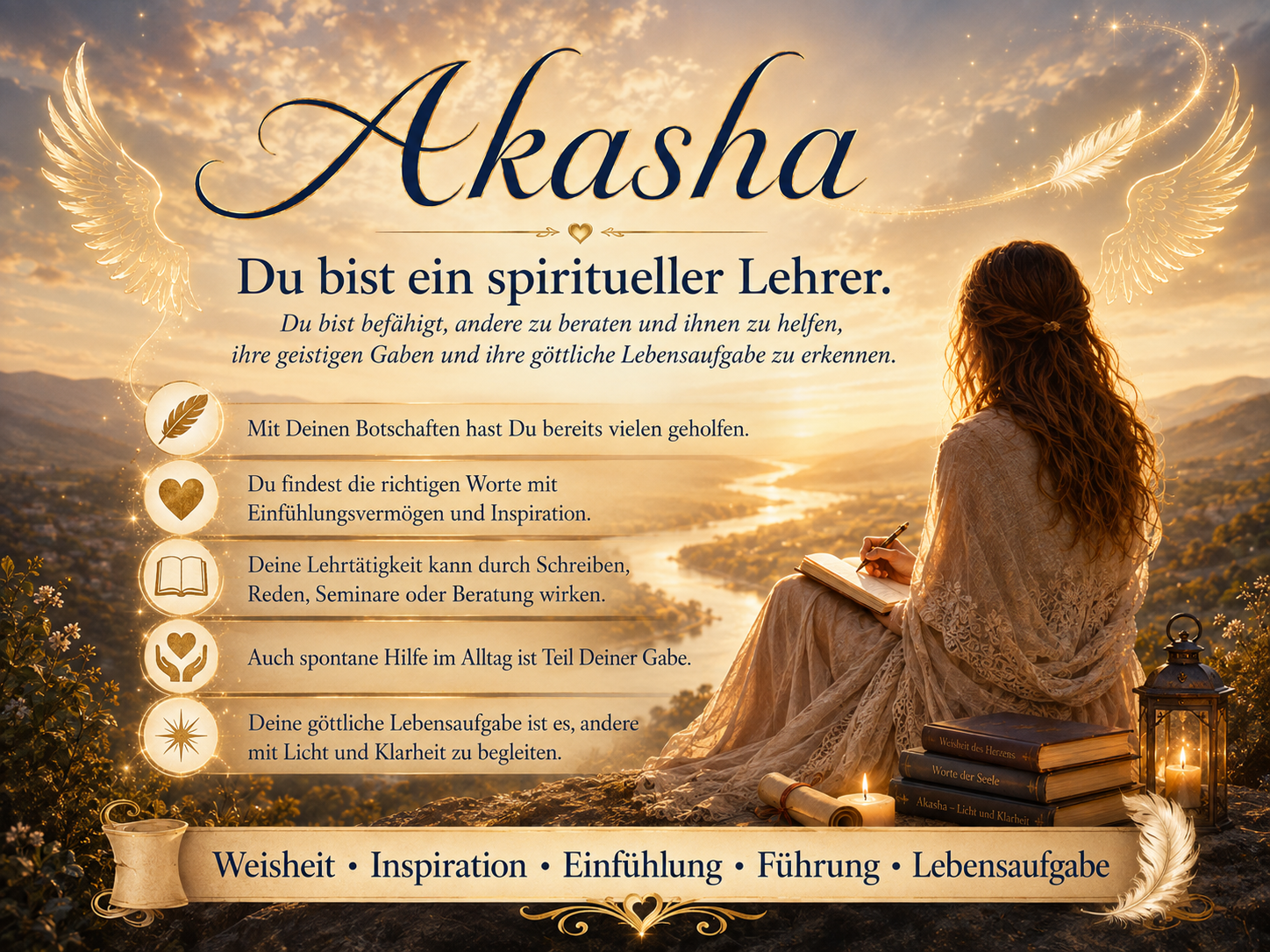 Akasha zeigt eine Frau, die am See in einem Buch schreibt; goldene Flügel und spirituelle Worte rahmen die Szene.