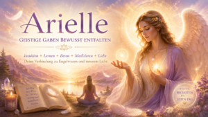 Die geflügelte Arielle hält Licht in ihren Händen, während eine meditierende Person auf eine stille Berglandschaft blickt.