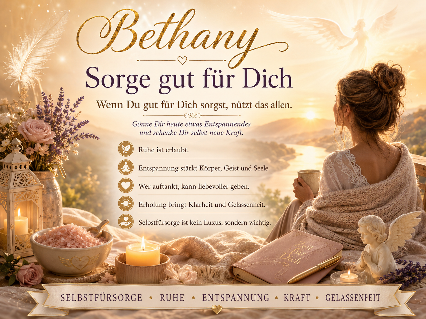 Bethany – Sorge gut für Dich: Eine Frau ruht mit Tee, Kerze und Rosen in warmer Umgebung der Selbstfürsorge.