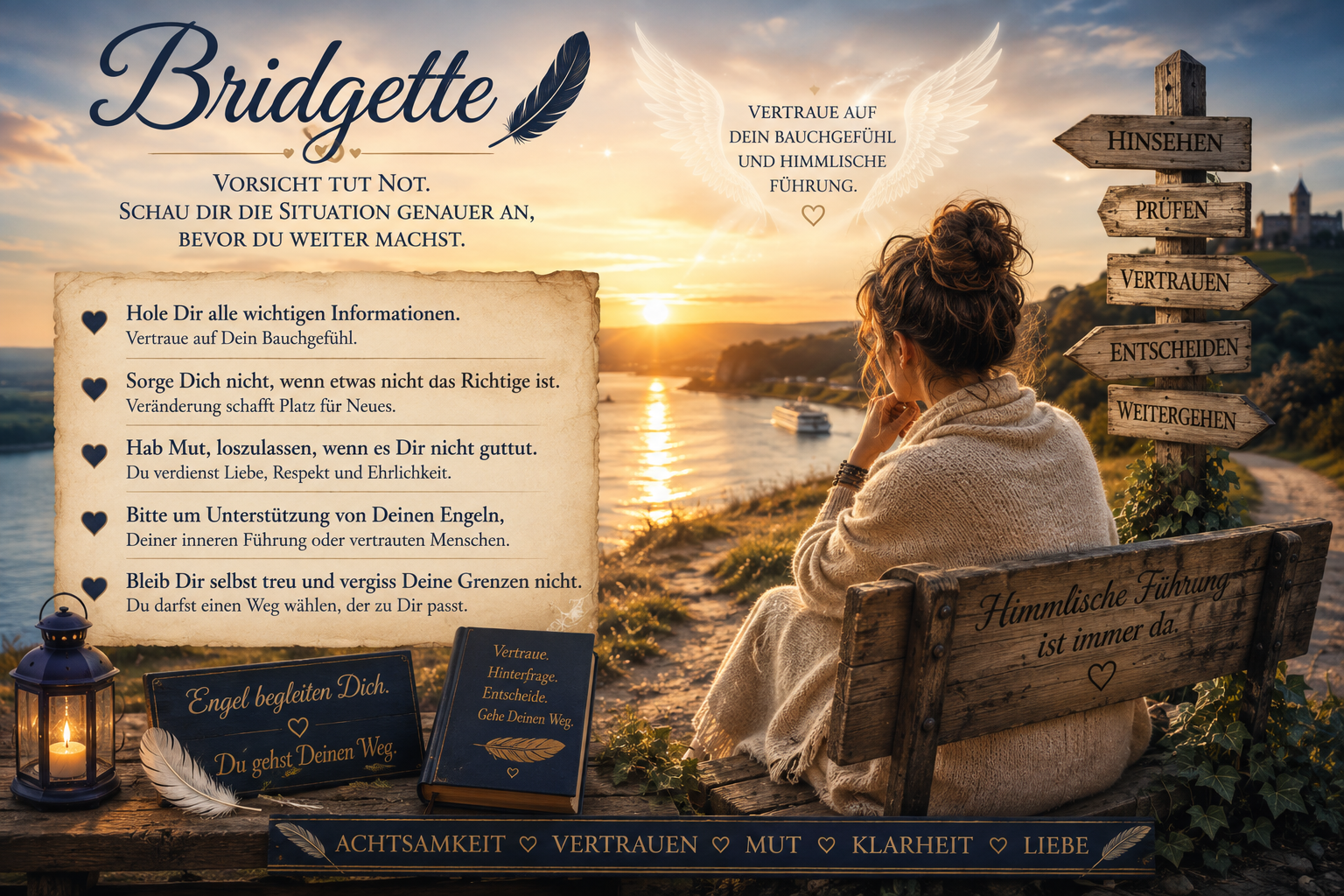 Eine nachdenkliche Frau sitzt im warmen Abendlicht am See; Wegweiser erinnern an Vorsicht, Vertrauen und bewusste Entscheidungen.