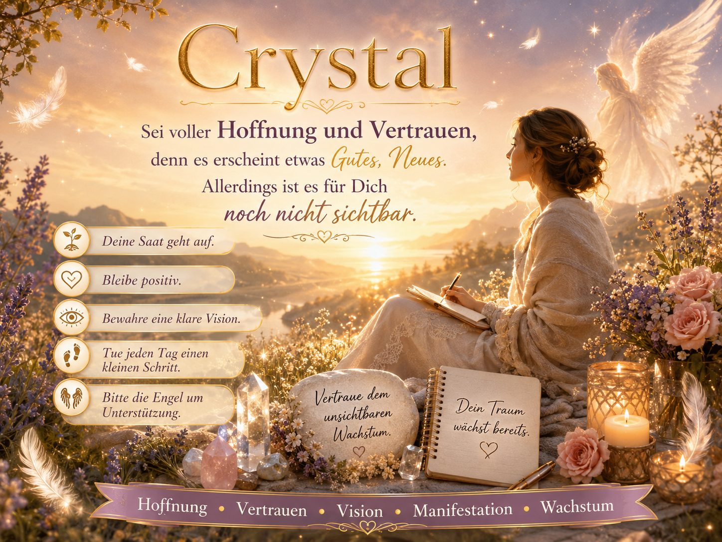 Eine Frau im goldenen Kleid schreibt bei Sonnenuntergang in ein Notizbuch, umgeben von Engeln, Kristallen und Blumen.