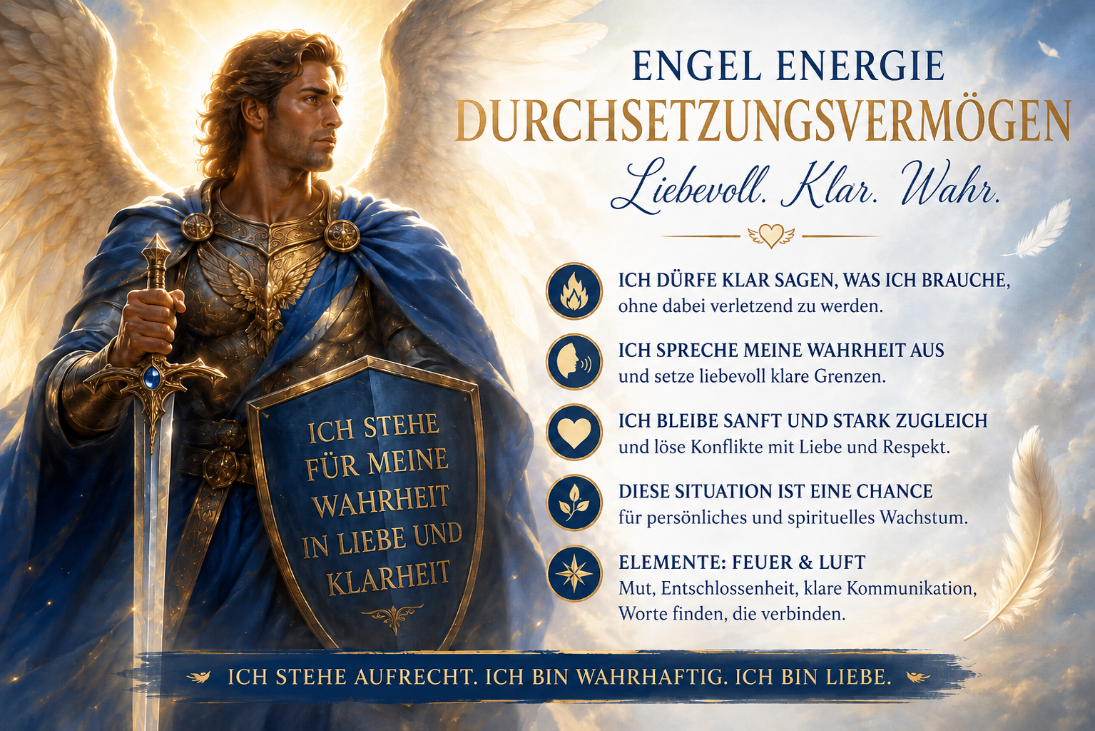 Ein geflügelter Engel in blauer Rüstung hält ein Schwert; daneben stehen Botschaften zu Wahrheit, Klarheit und Selbstbehauptung.