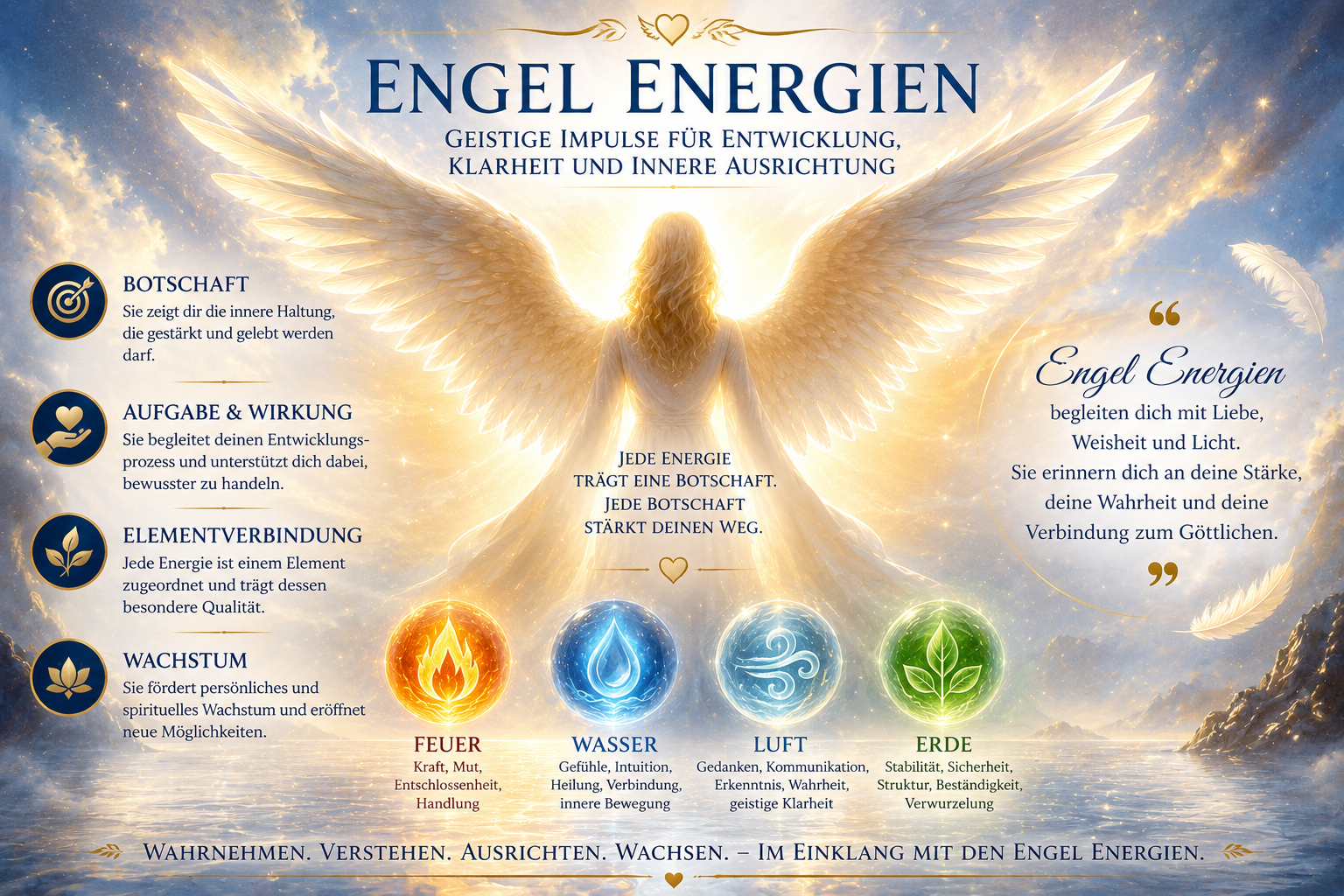Goldener Engel mit ausgebreiteten Flügeln über vier farbigen Energien für Schutz, Klarheit, Vertrauen und Veränderung