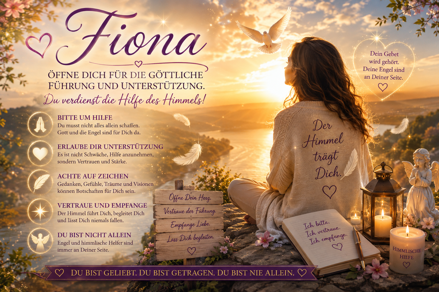 Fiona sitzt bei goldenem Sonnenuntergang am See; ihr Kleid trägt die Botschaft „Der Himmel trägt Dich“ und Engelsmotive.