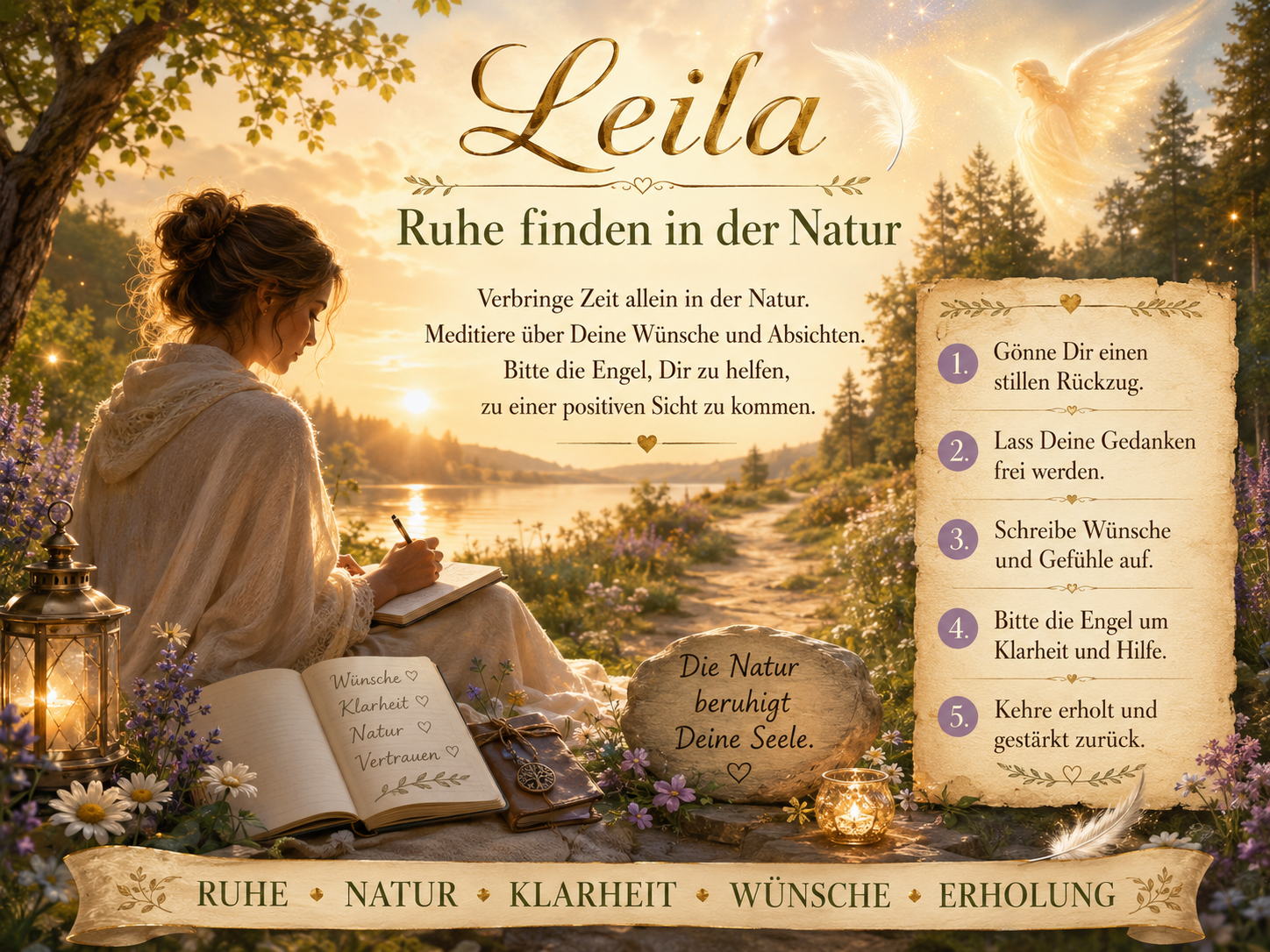 Eine Frau schreibt am See inmitten der Natur; Leila lädt zu Ruhe, Klarheit und positiven Gedanken ein.