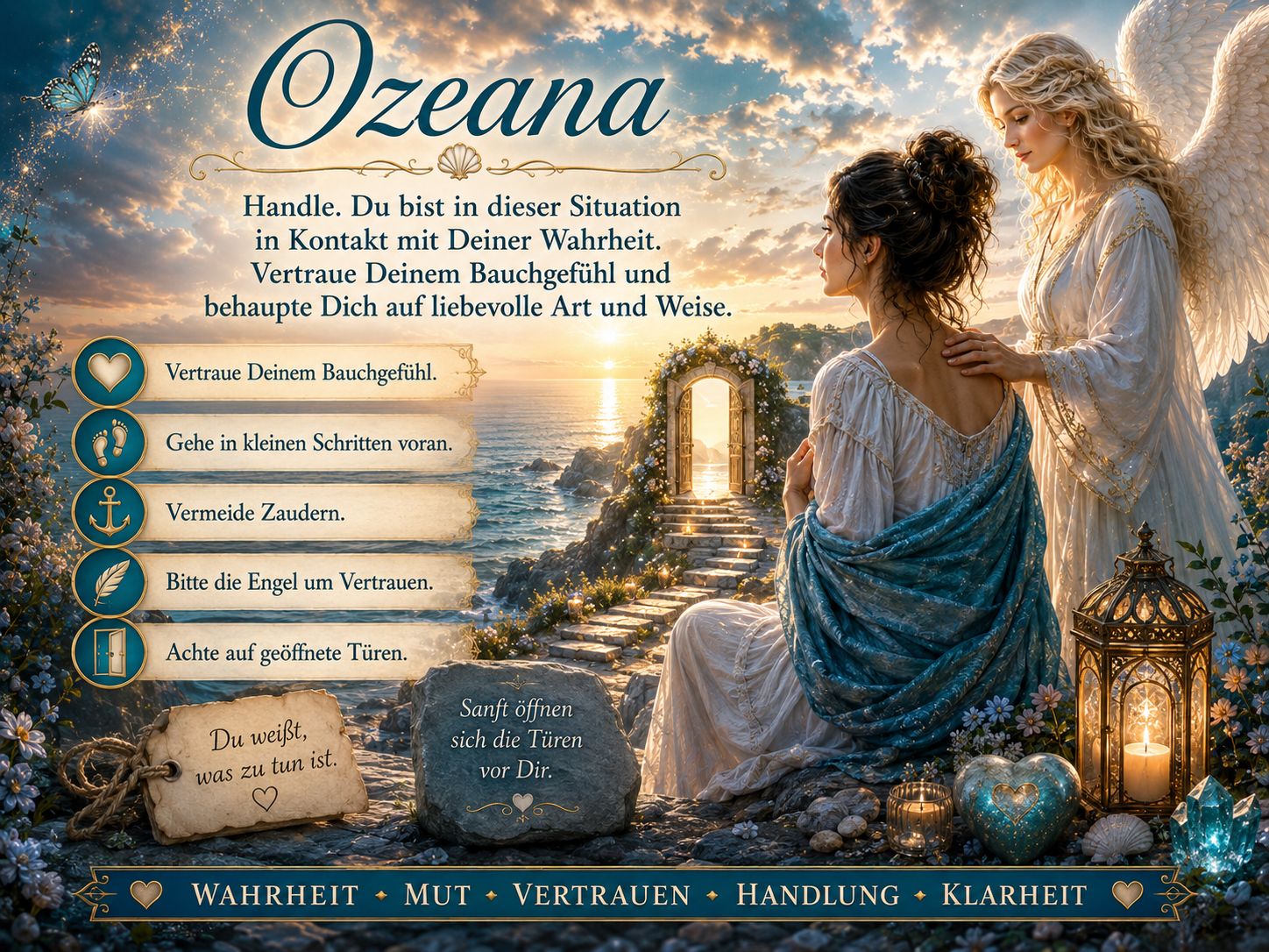 Eine geflügelte Engelsgestalt begleitet eine Frau im blauen Gewand an einem leuchtenden Tor am Meer.