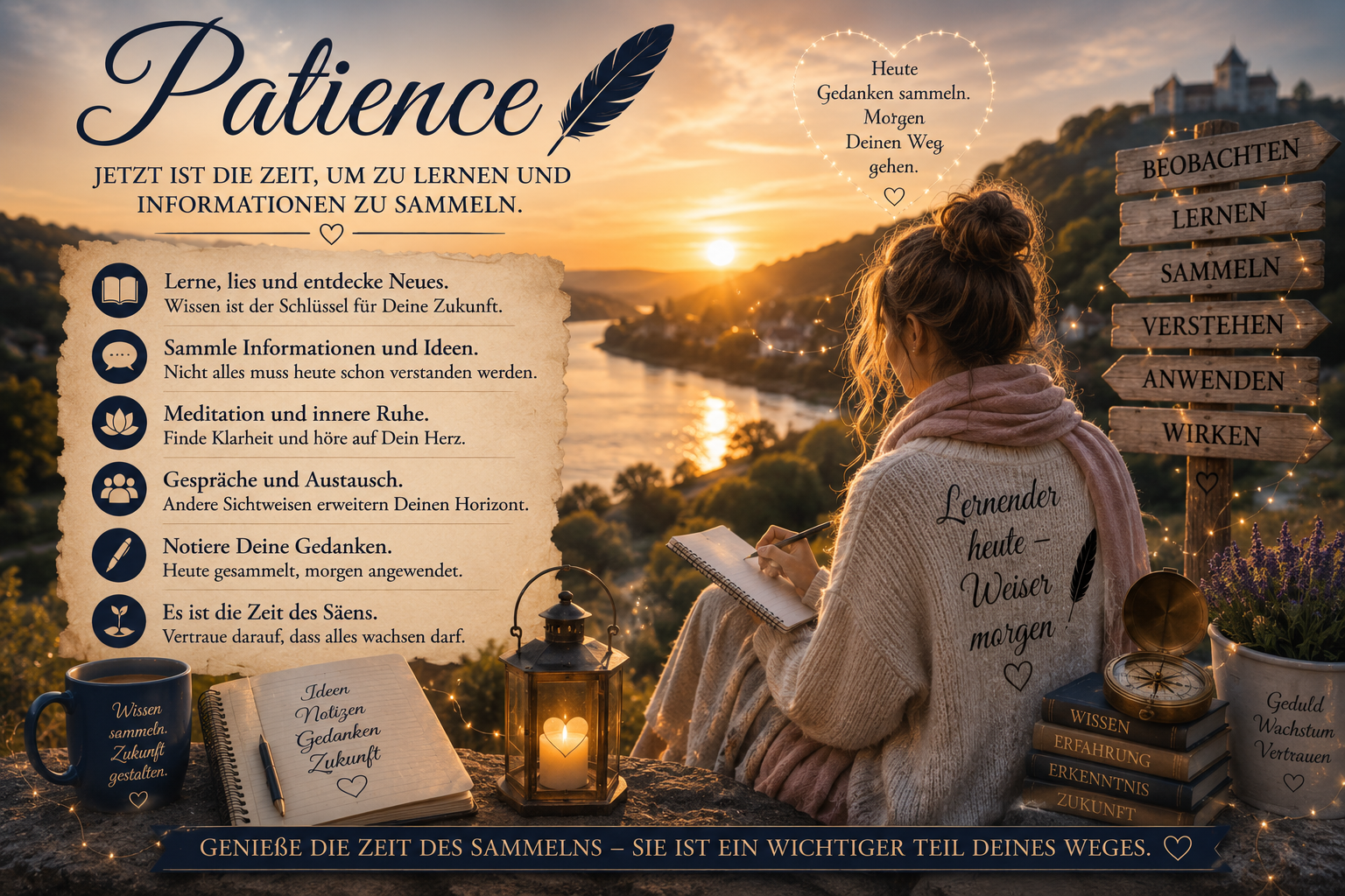 Eine Frau liest am Seeufer im Abendlicht; Patience steht für Lernen, Sammeln und geduldige Vorbereitung auf Neues.