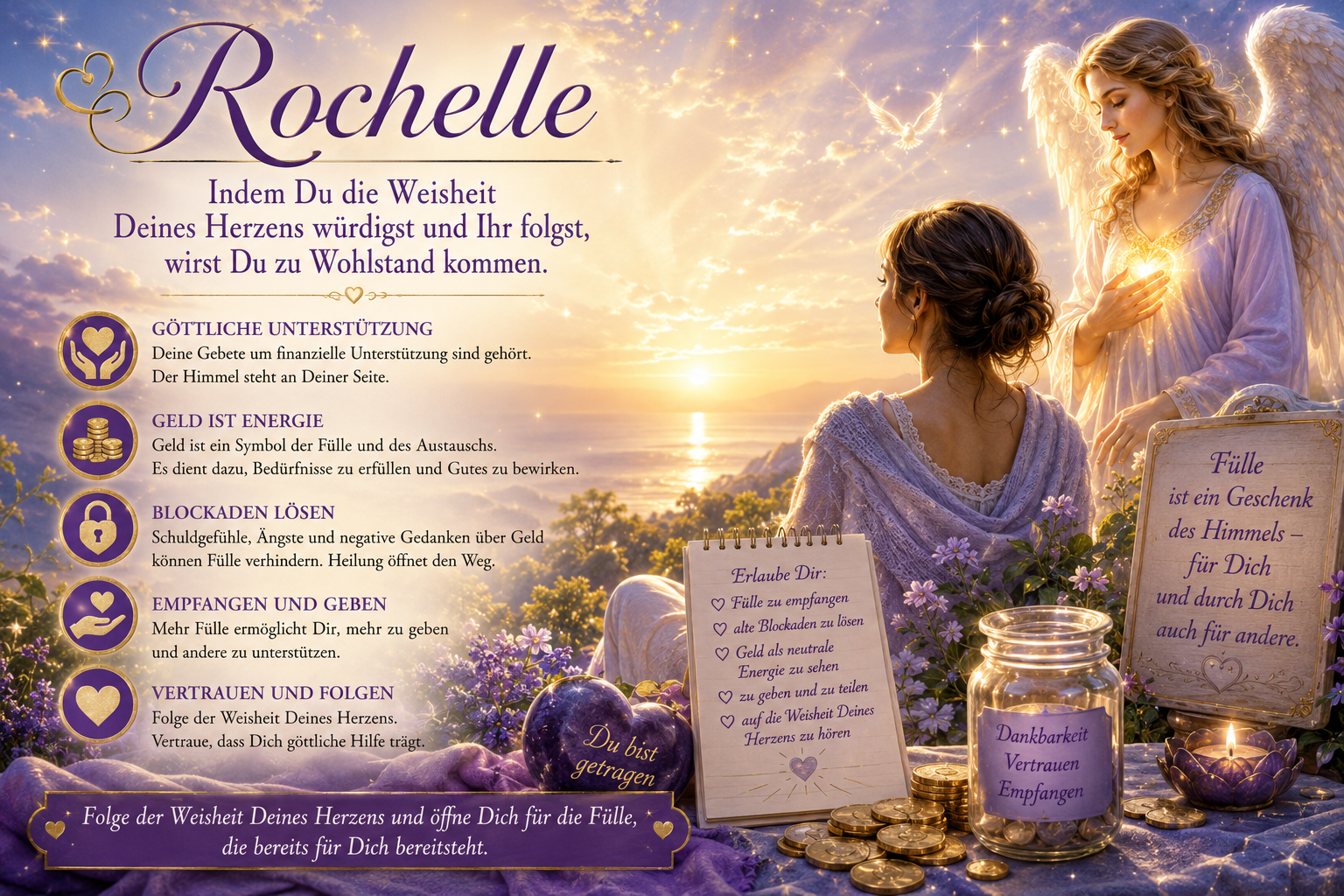 Zwei Engelgestalten stehen bei Sonnenuntergang über einer Landschaft; Rochelle hält ein leuchtendes Herz und erinnert an innere Fülle.