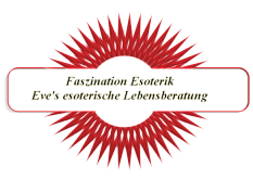 Der Schriftzug „Faszination Esoterik – Eve’s esoterische Lebensberatung“ steht über einem roten strahlenförmigen Ornament.