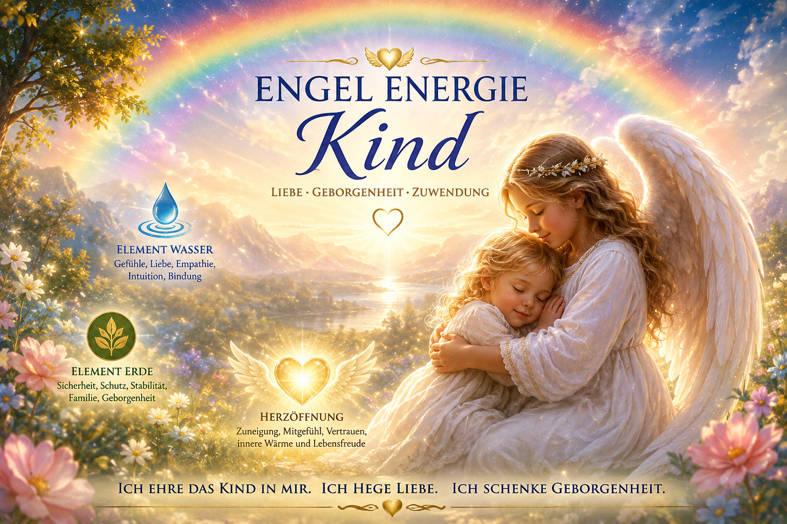 Eine Mutter mit goldenen Flügeln hält ein Kind vor einem Regenbogen; darüber steht „Engel Energie Kind“.
