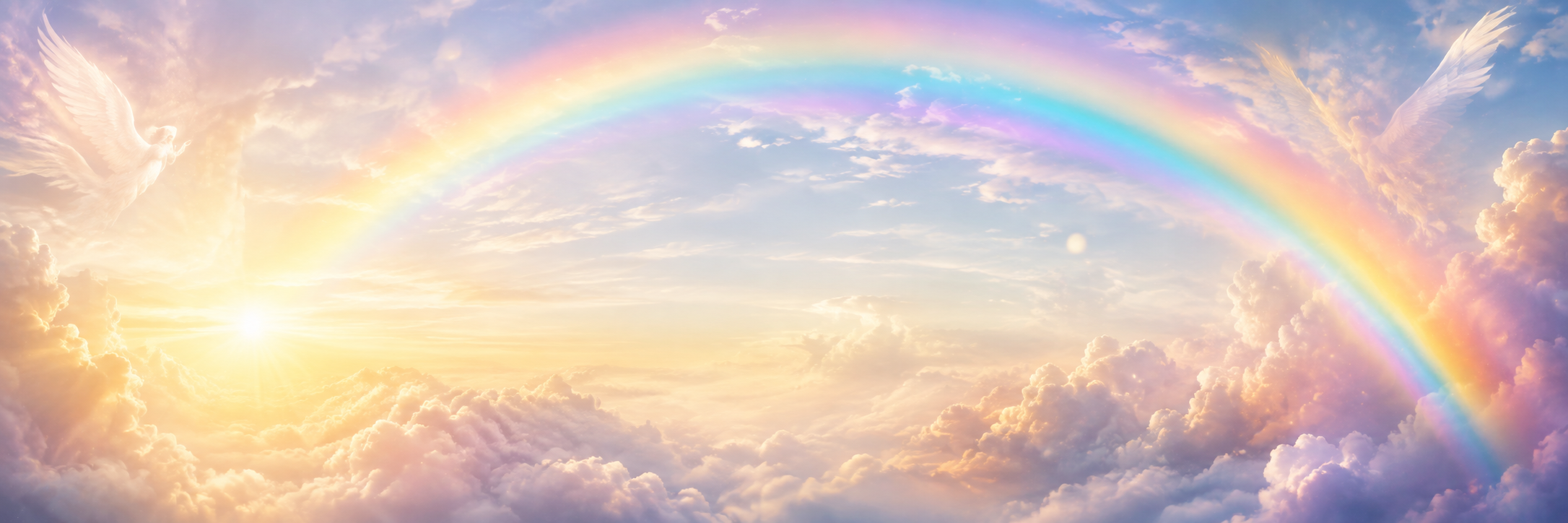 Leuchtender Regenbogen über sanften Wolken, begleitet von goldenem Sonnenlicht und angedeuteten Engelsflügeln am Himmel