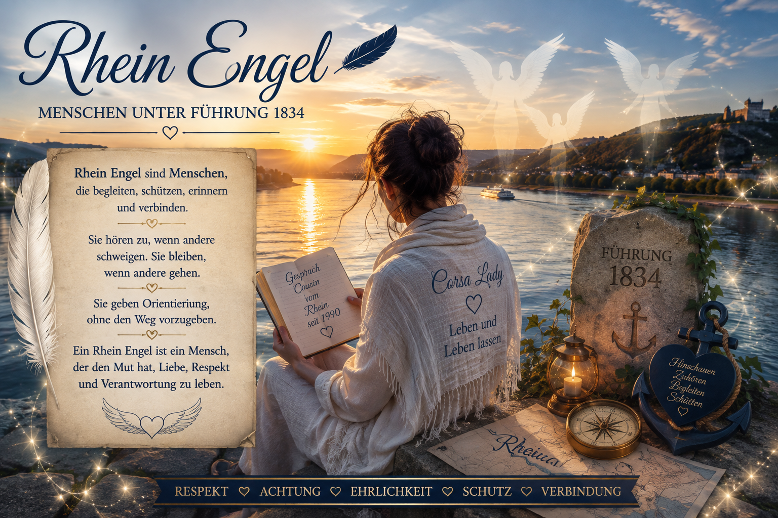 Eine Frau liest am Rhein, begleitet von Tauben, dem Schriftzug Rhein Engel und dem Leitgedanken Menschen unter Führung 1834.